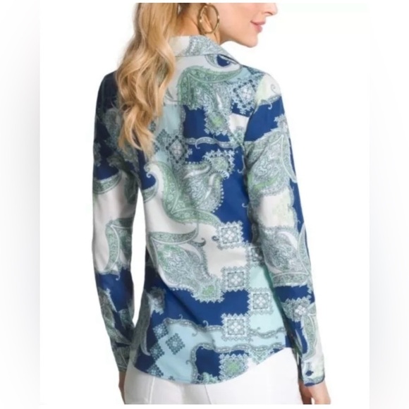 CHICO'S PAISLEY POP GIANA BLOUSE SZ  3 Paisley Print Blue and Green Women's Top - Picture 3 of 15